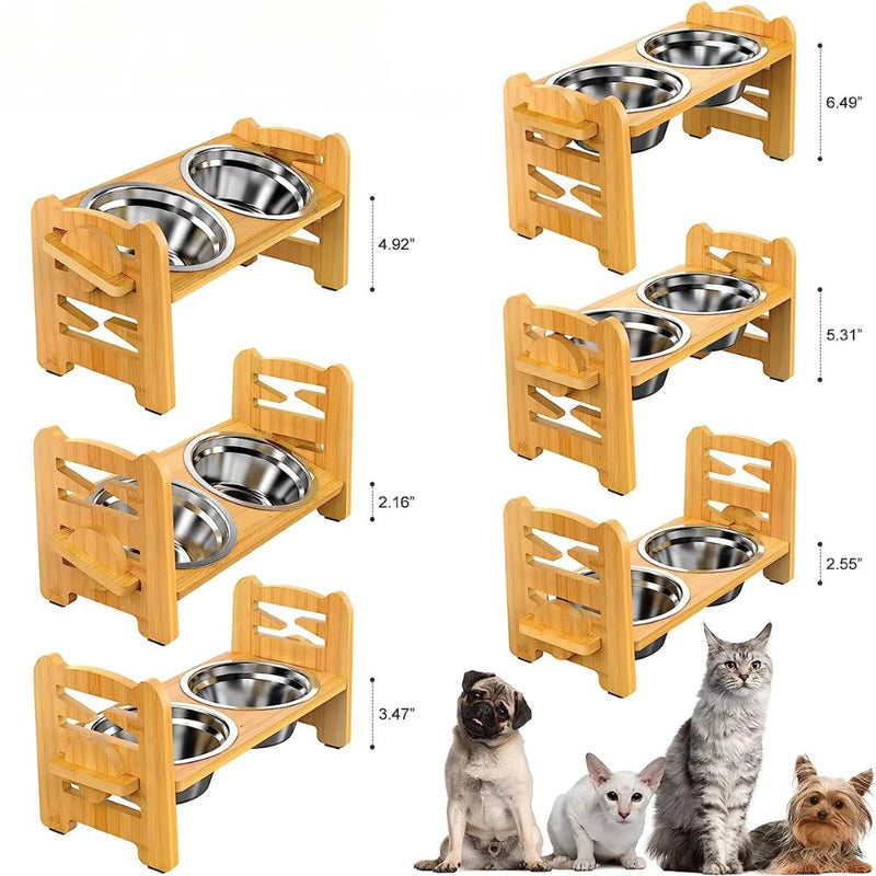 Adjustable Bamboo Elevated Dog Bowls with Stainless Steel Food Bowls