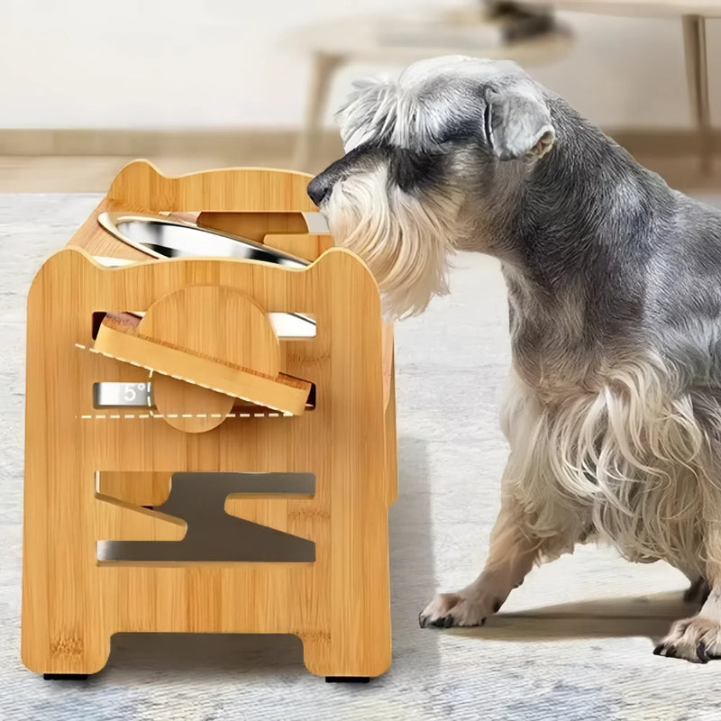 Adjustable Bamboo Elevated Dog Bowls with Stainless Steel Food Bowls