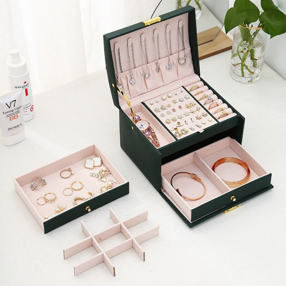 Multi Functional Three Layer Leather Drawer Style Jewelry Box Earrings Earrings Lock Jewelry Box