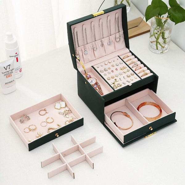 Multi Functional Three Layer Leather Drawer Style Jewelry Box Earrings Earrings Lock Jewelry Box