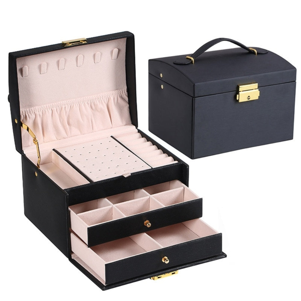 Multi Functional Three Layer Leather Drawer Style Jewelry Box Earrings Earrings Lock Jewelry Box