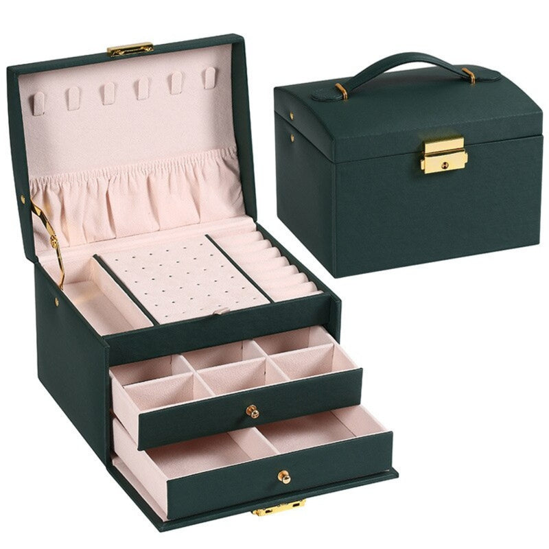Multi Functional Three Layer Leather Drawer Style Jewelry Box Earrings Earrings Lock Jewelry Box
