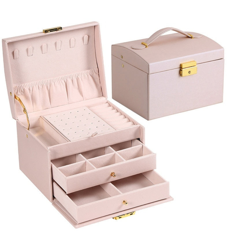 Multi Functional Three Layer Leather Drawer Style Jewelry Box Earrings Earrings Lock Jewelry Box
