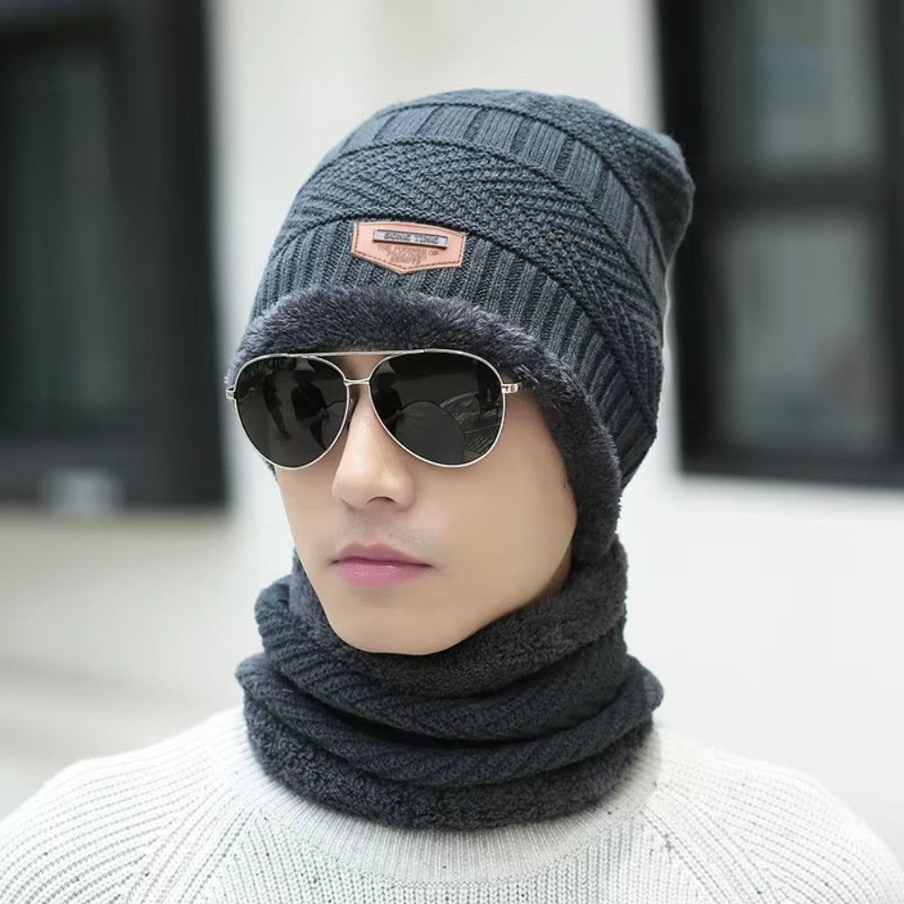 Winter Knit Beanie Hat Neck Warmer Gloves Set