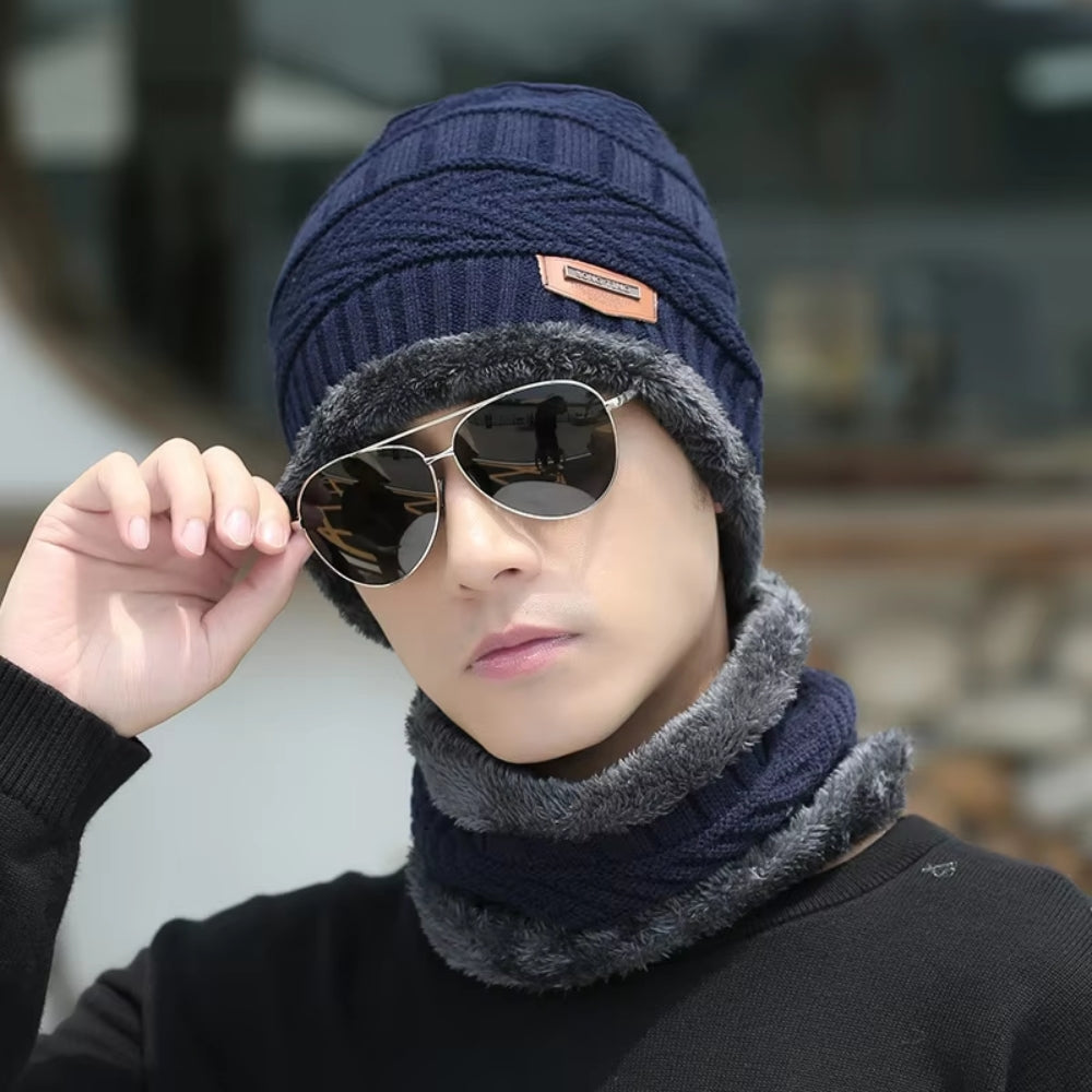 Winter Knit Beanie Hat Neck Warmer Gloves Set