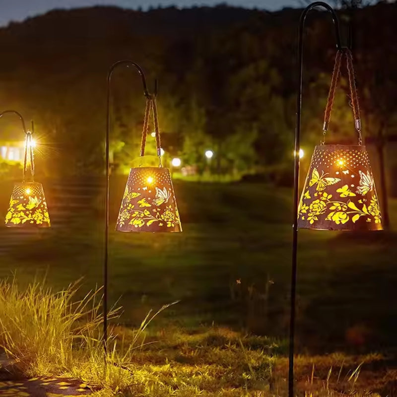 Solar Powered LED Hanging Lantern Butterfly Flower Projection Lamp