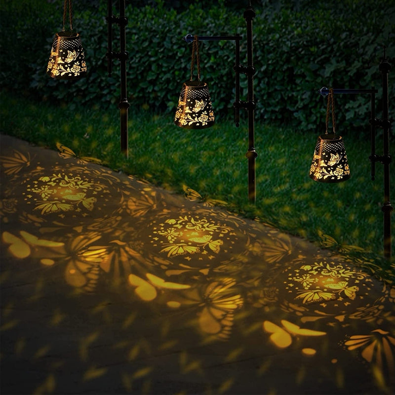 Solar Powered LED Hanging Lantern Butterfly Flower Projection Lamp