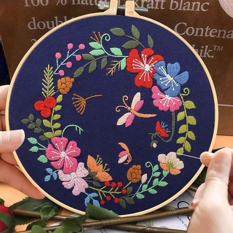 DIY Flowers Pattern Embroidery Kits Craft Beginner Needlepoint Hoop Cross Stitch