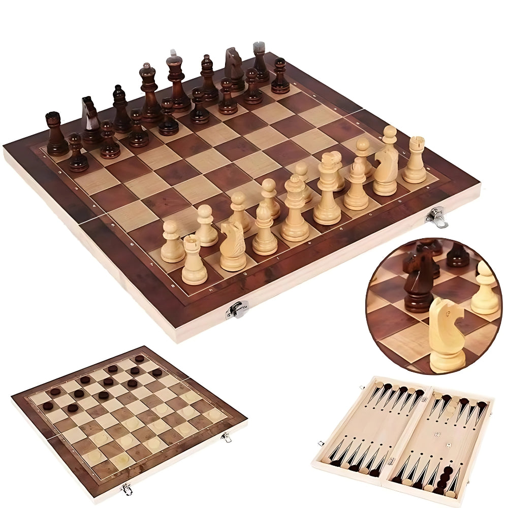 3 in 1 Portable Wooden Chess Board Set with Chess Checkers and Backgammon