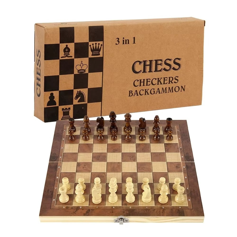 3 in 1 Portable Wooden Chess Board Set with Chess Checkers and Backgammon