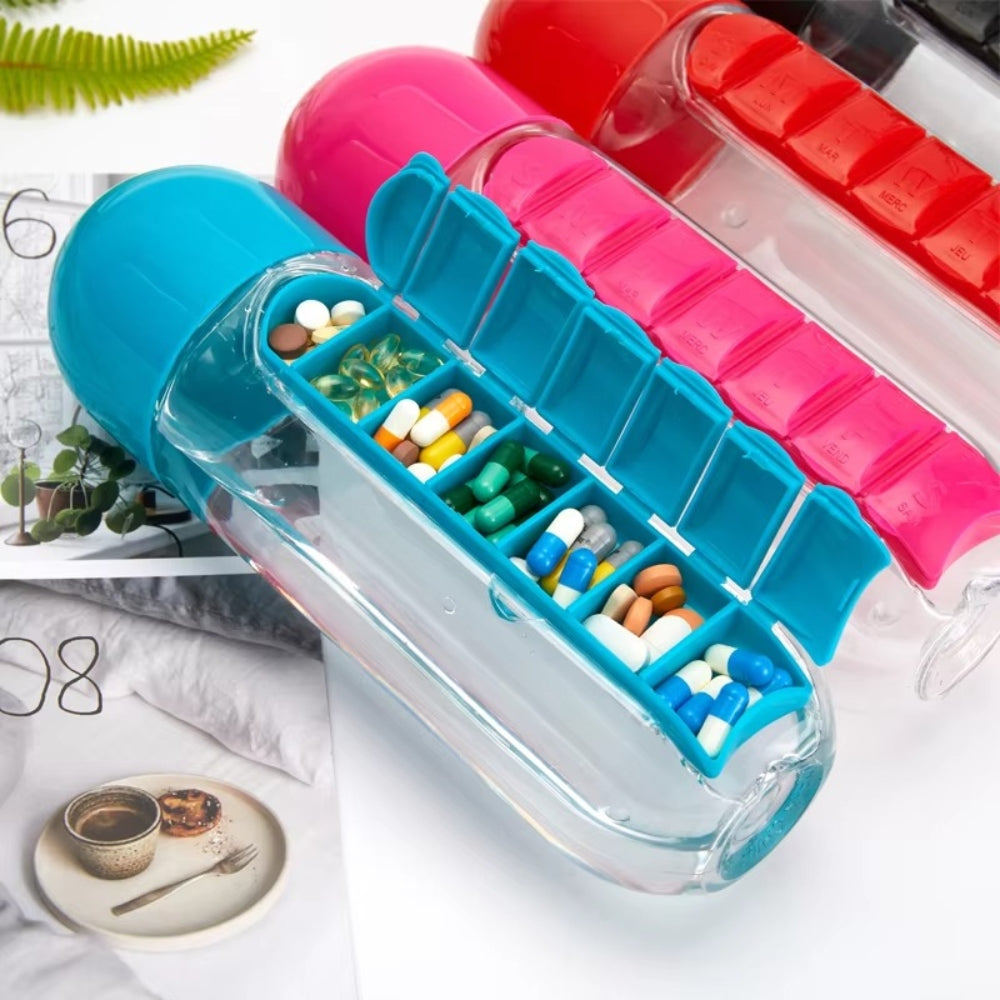 2 in 1 600ml 7 Grids Medicine Box Water Cup Sports Plastic Bottle
