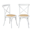 Set of 2 White Solid Wood Crossback Dining Chairs with Rattan Seat