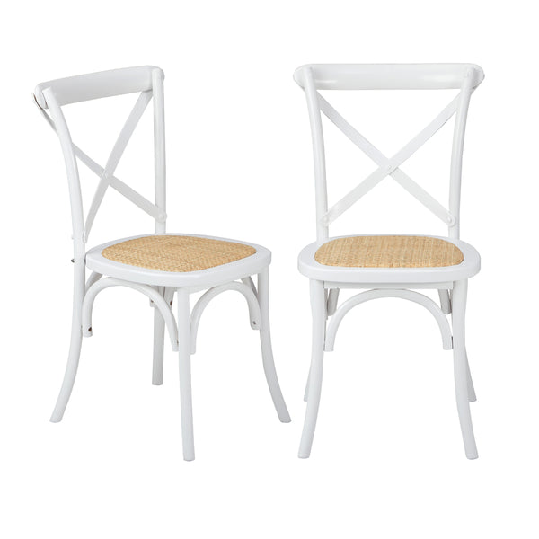 Set of 2 White Solid Wood Crossback Dining Chairs with Rattan Seat
