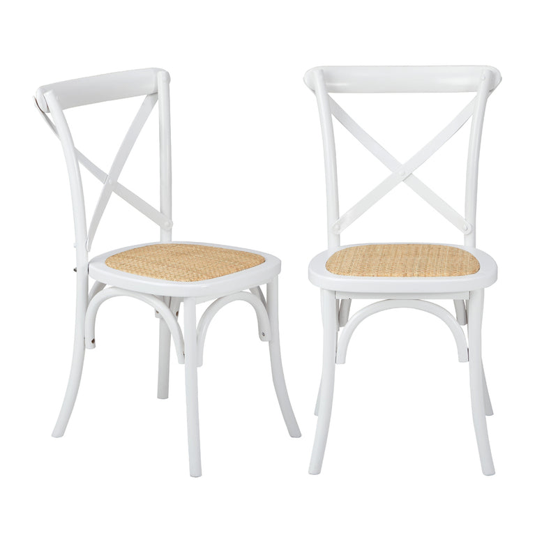 Set of 2 White Solid Wood Crossback Dining Chairs with Rattan Seat
