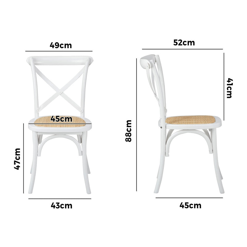 Set of 2 White Solid Wood Crossback Dining Chairs with Rattan Seat