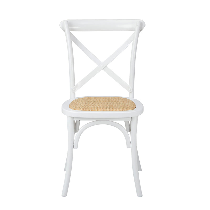 Set of 2 White Solid Wood Crossback Dining Chairs with Rattan Seat