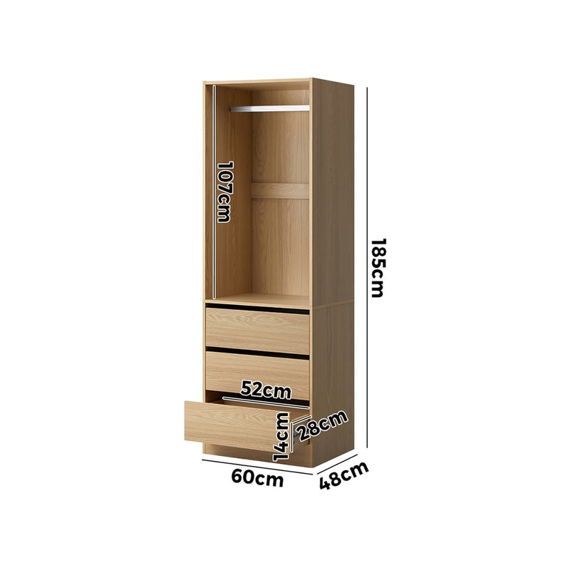 Natural Wardrobe with 3 Drawers and Hanging Rail