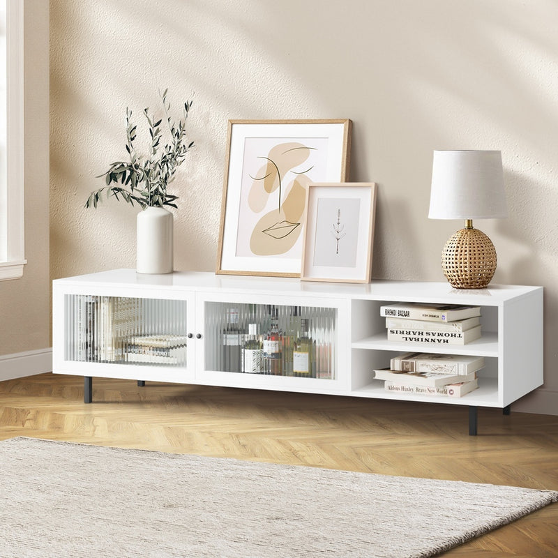 White TV Stand Cabinet Entertainment Unit with Tempered Glass Doors