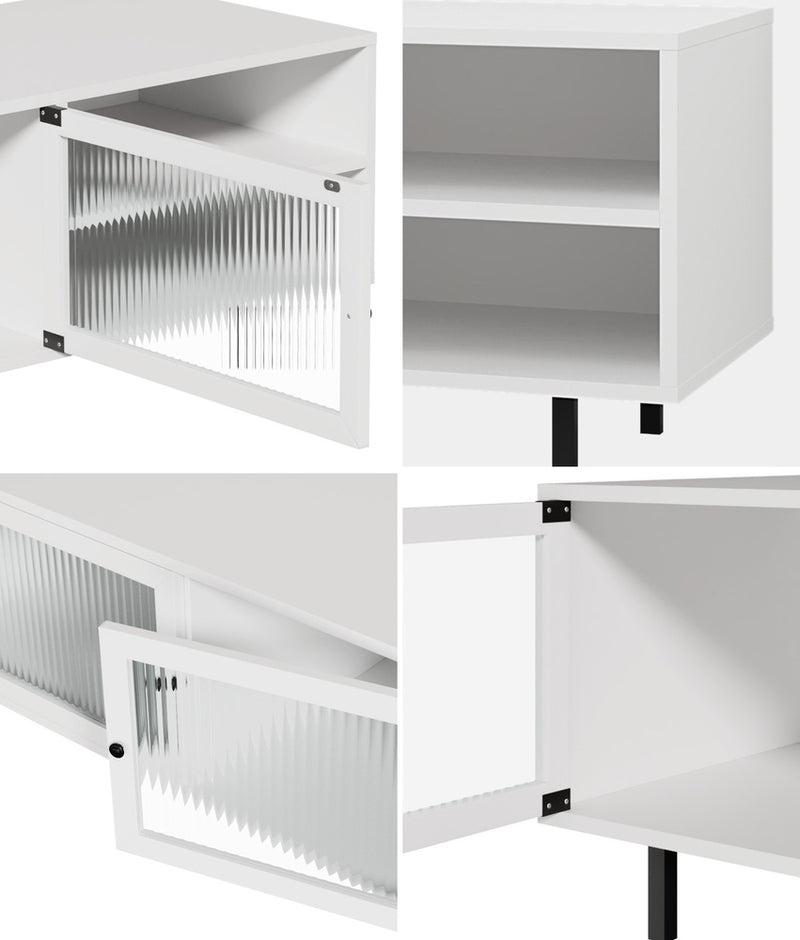 White TV Stand Cabinet Entertainment Unit with Tempered Glass Doors