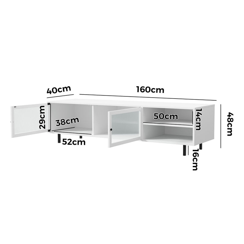 White TV Stand Cabinet Entertainment Unit with Tempered Glass Doors