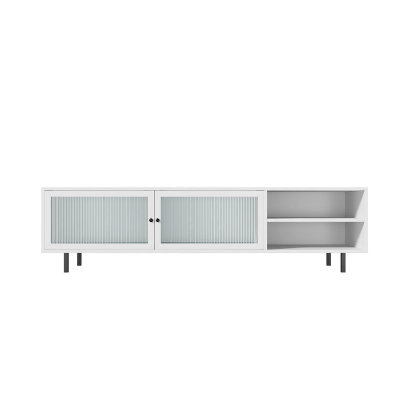 White TV Stand Cabinet Entertainment Unit with Tempered Glass Doors