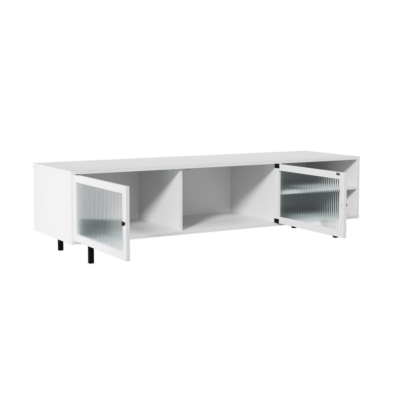 White TV Stand Cabinet Entertainment Unit with Tempered Glass Doors