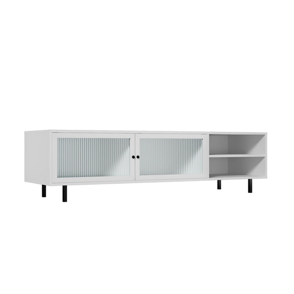 White TV Stand Cabinet Entertainment Unit with Tempered Glass Doors