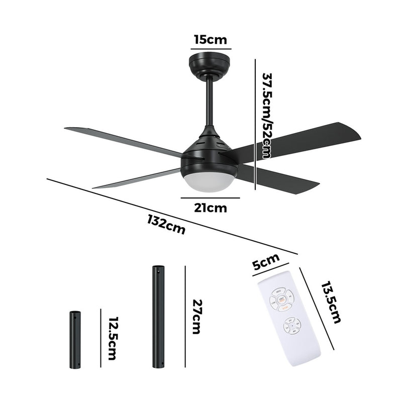 52 Inch Black AC Ceiling Fan with Light Remote Control and 4 Blades