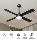 52 Inch Black AC Ceiling Fan with Light Remote Control and 4 Blades