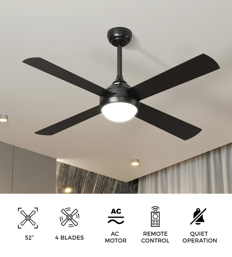 52 Inch Black AC Ceiling Fan with Light Remote Control and 4 Blades