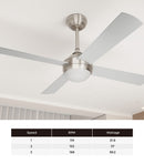 52 Inch Silver AC Ceiling Fan with Light Remote Control and 4 Blades