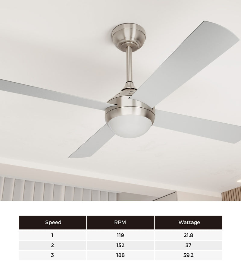 52 Inch Silver AC Ceiling Fan with Light Remote Control and 4 Blades