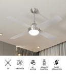 52 Inch Silver AC Ceiling Fan with Light Remote Control and 4 Blades