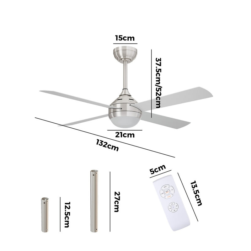 52 Inch Silver AC Ceiling Fan with Light Remote Control and 4 Blades