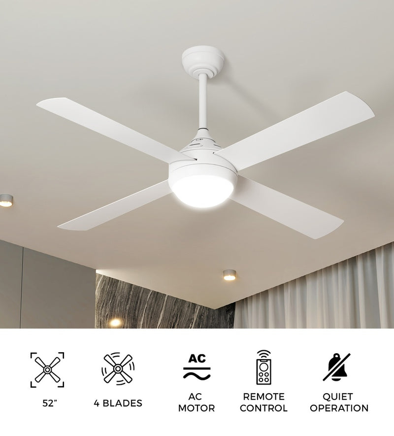 52 Inch White AC Ceiling Fan with Light Remote Control and 4 Blades