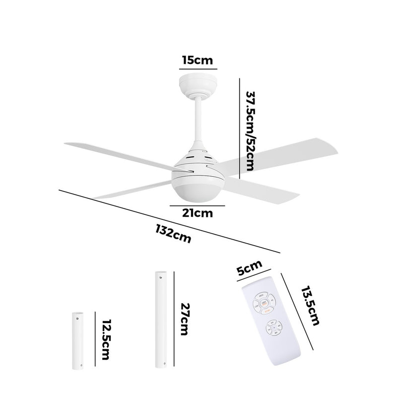 52 Inch White AC Ceiling Fan with Light Remote Control and 4 Blades