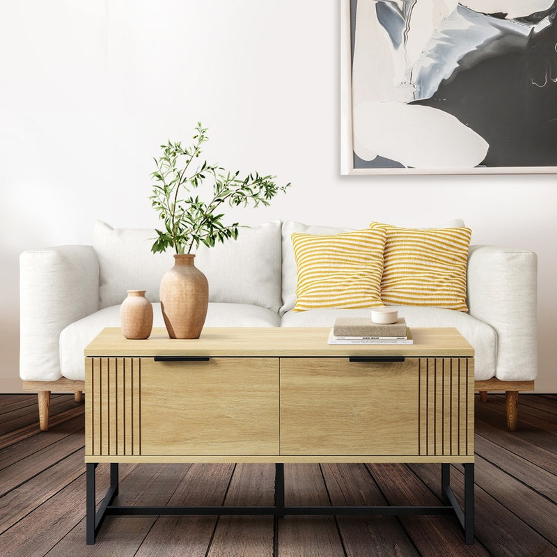 Natural Wooden Coffee Table with Storage Drawers