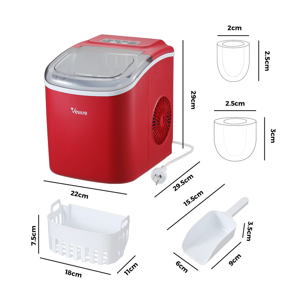 Red Portable Ice Maker Machine with Ice Cube Tray 12kg Capacity