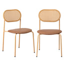 Set of 2 Brown Rattan Dining Chairs with PU Leather Seat