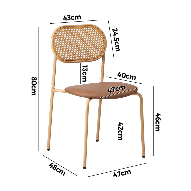 Set of 2 Brown Rattan Dining Chairs with PU Leather Seat