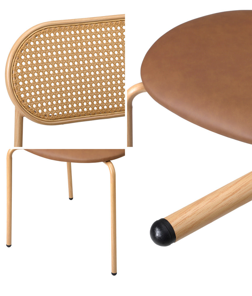 Set of 2 Brown Rattan Dining Chairs with PU Leather Seat