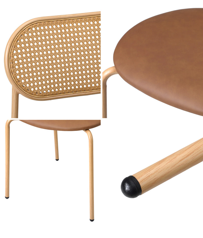 Set of 2 Brown Rattan Dining Chairs with PU Leather Seat