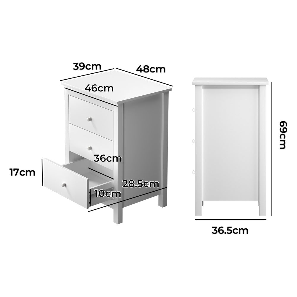 White Hamptons Bedside Table with 3 Drawers