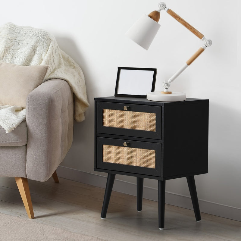 Rattan Bedside Table with 2 Drawers Storage Cabinet