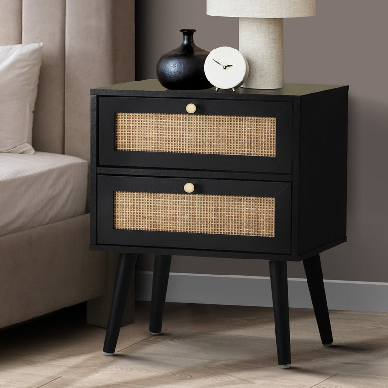 Rattan Bedside Table with 2 Drawers Storage Cabinet