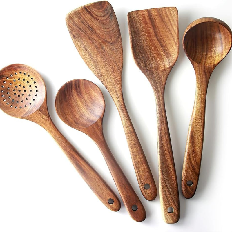 5pcs Teak Wood Tableware Cooking Spoon Kitchen Tool Kit