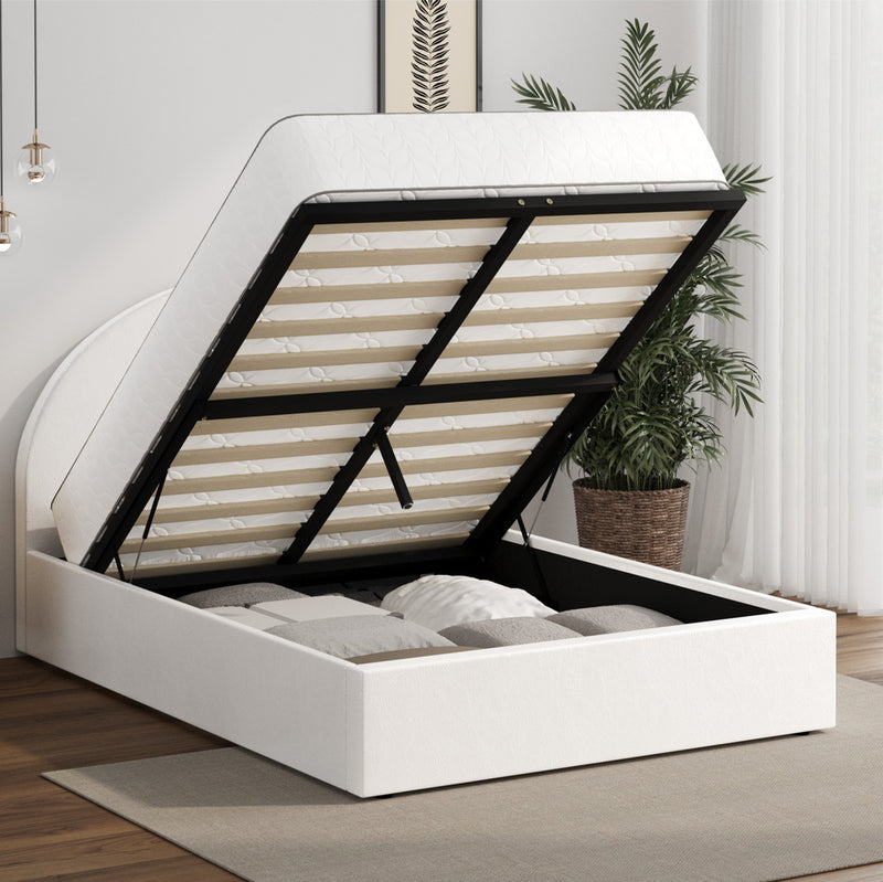 White PU Leather Double Size Bed Frame with Gas Lift Base