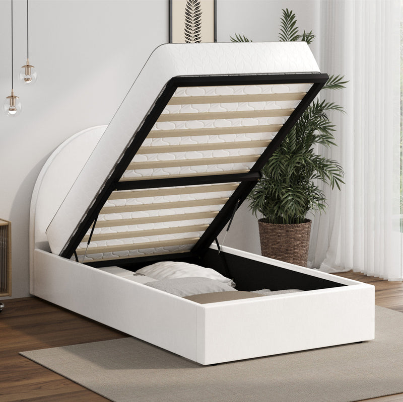 White PU Leather Single Size Bed Frame with Gas Lift Base