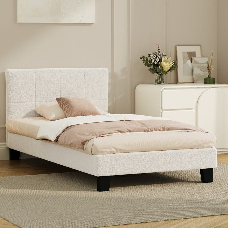 White Boucle King Single Size Bed Frame Base