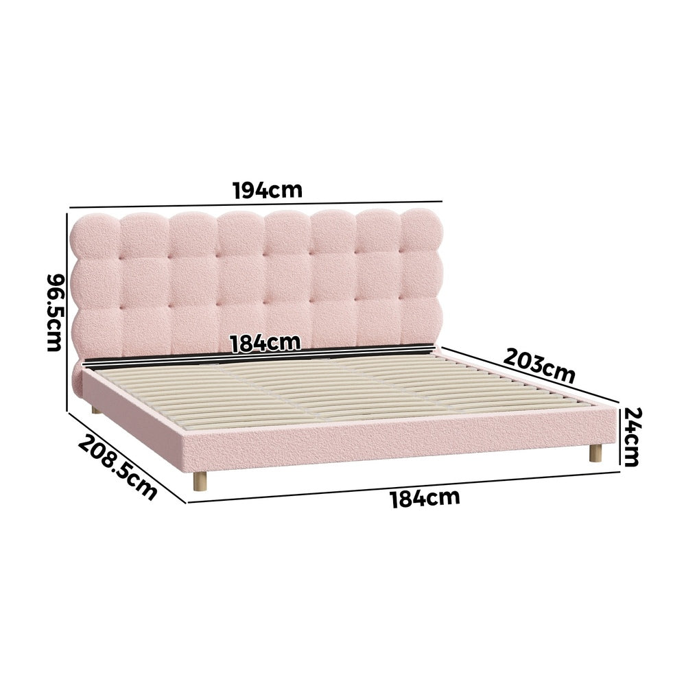 Pink Boucle Fabric King Size Bed Frame with Tufted Bedhead